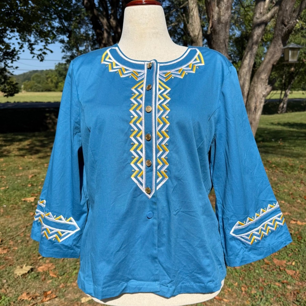 Bob Mackie Wearable Art Teal Blue Embroidered Button Front Top Womens Large L